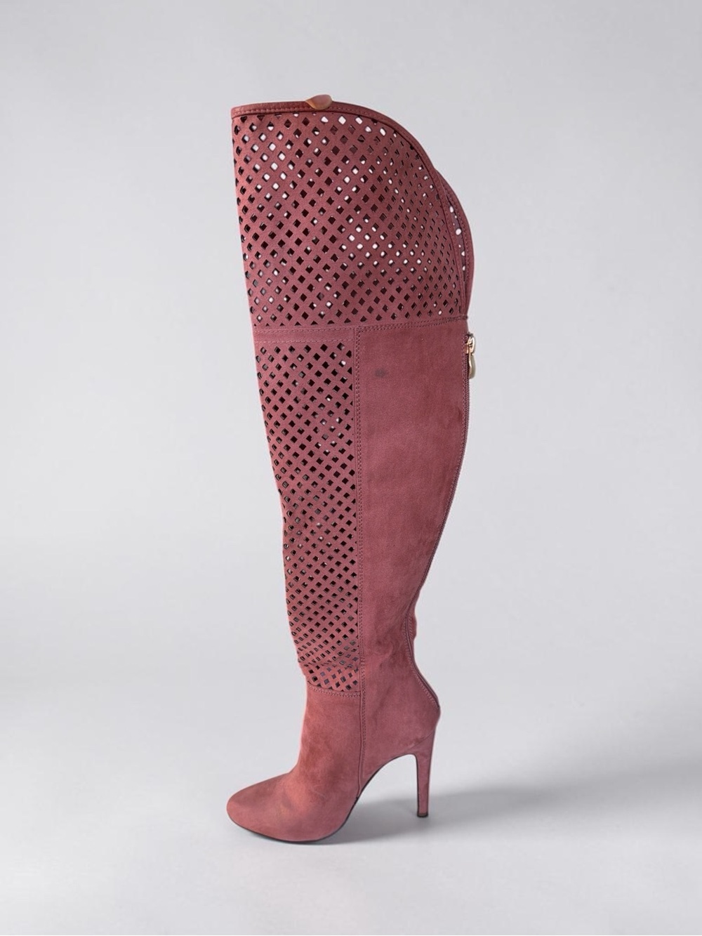 Over-the-Knee Perforated Suede Boot in Dusty Rose